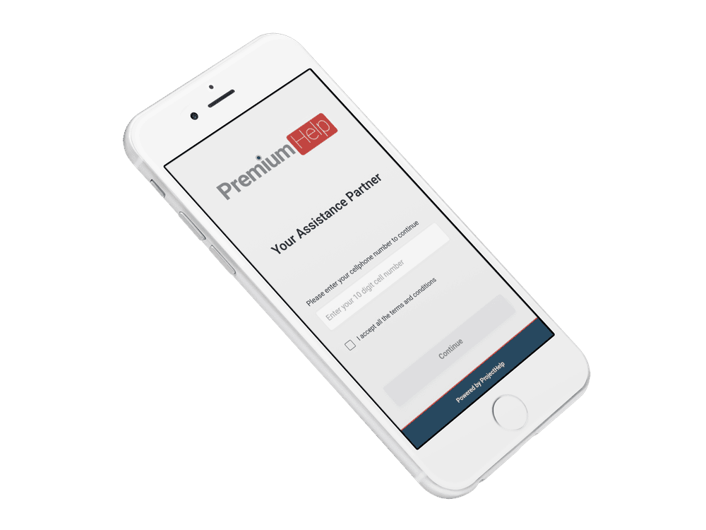Premium Help app onboarding screen — enter your cellphone number to activate